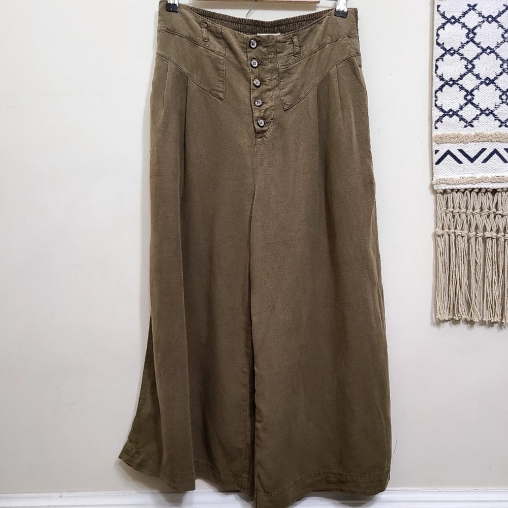 Anthropologie Boho Oceanside Green Cropped Wide Leg Pant High Waist Button Front - Picture 4 of 7